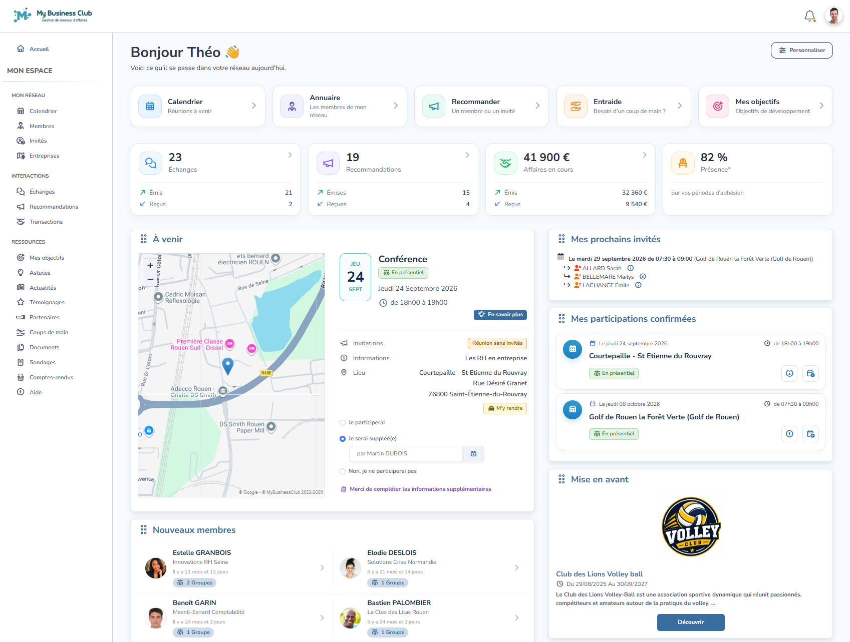 Ecran d'accueil de MyBusinessClub sur un navigateur